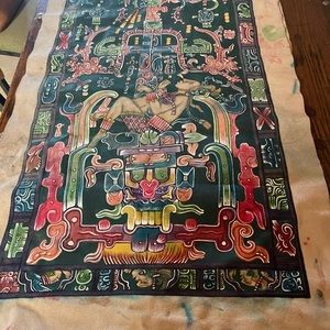 Vintage Mexican Mayan Pyrography Leather Painting 23”x37”